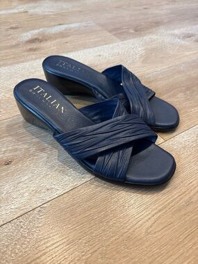 Italian Shoemakers Navy Leather Crisscross Low Wedge Sandals